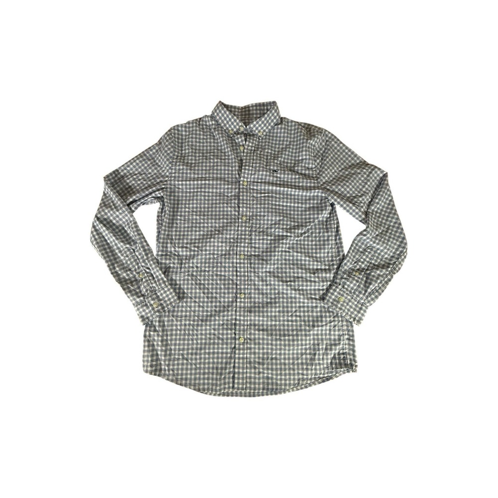 Vineyard Vines Shirt Youth Extra Large Blue White Gingham Plaid Performance Boys